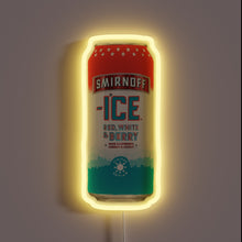 Load image into Gallery viewer, Neon sign shaped like a Smirnoff Ice Red, White &amp; Berry can with yellow glow.

