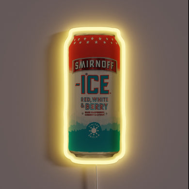Neon sign shaped like a Smirnoff Ice Red, White & Berry can with yellow glow.
