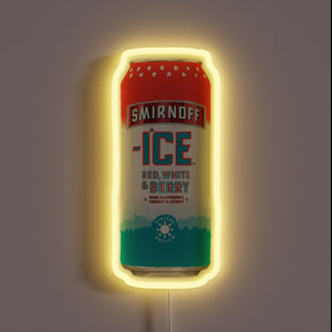 Neon sign shaped like a Smirnoff Ice Red, White & Berry can with yellow glow.
