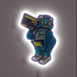 Retro robot with boombox neon sign — 80s vibes fully recharged. 🤖🎶⚡