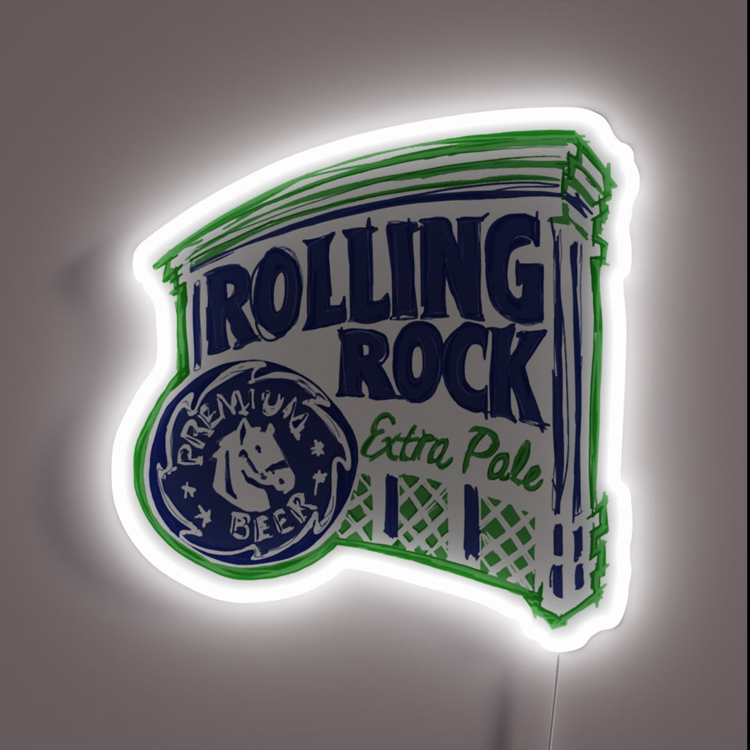 Rolling Rock beer can neon sign with bold blue and green retro design.