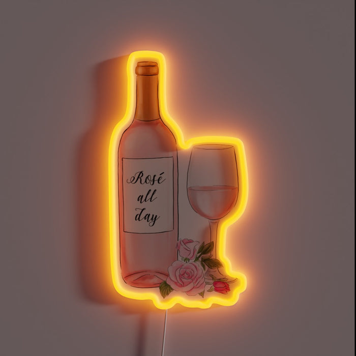Rosé wine bottle and glass neon sign.