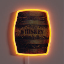 Load image into Gallery viewer, Vintage whiskey barrel decor with warm rustic American ambiance lighting.