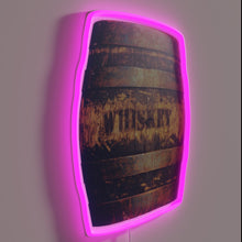 Load image into Gallery viewer, Rustic whiskey barrel design illuminated with vibrant RGB neon lighting