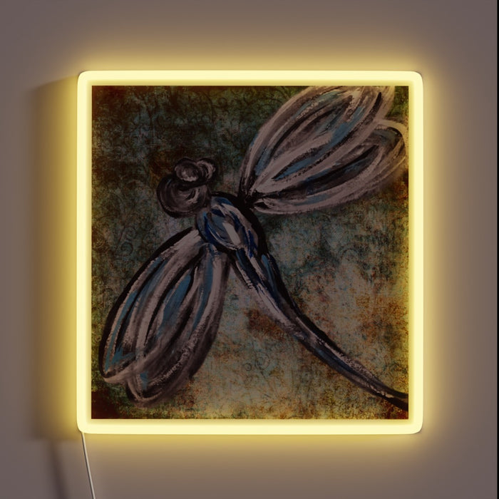 Vibrant, handcrafted rustic dragonfly art with RGB LED glow accents.