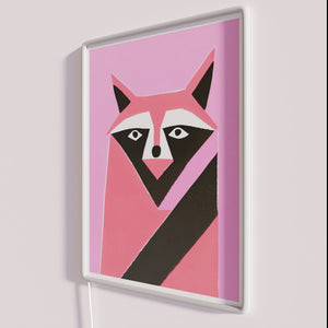 Rustic woodland retro nursery decor with colorful raccoon neon signs