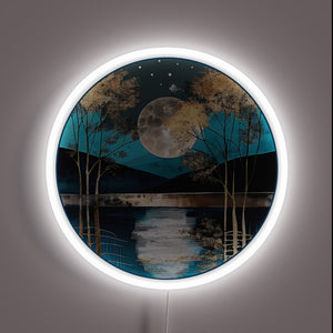 Softly glowing rustic teal moonlit lake ambiance LED neon sign.