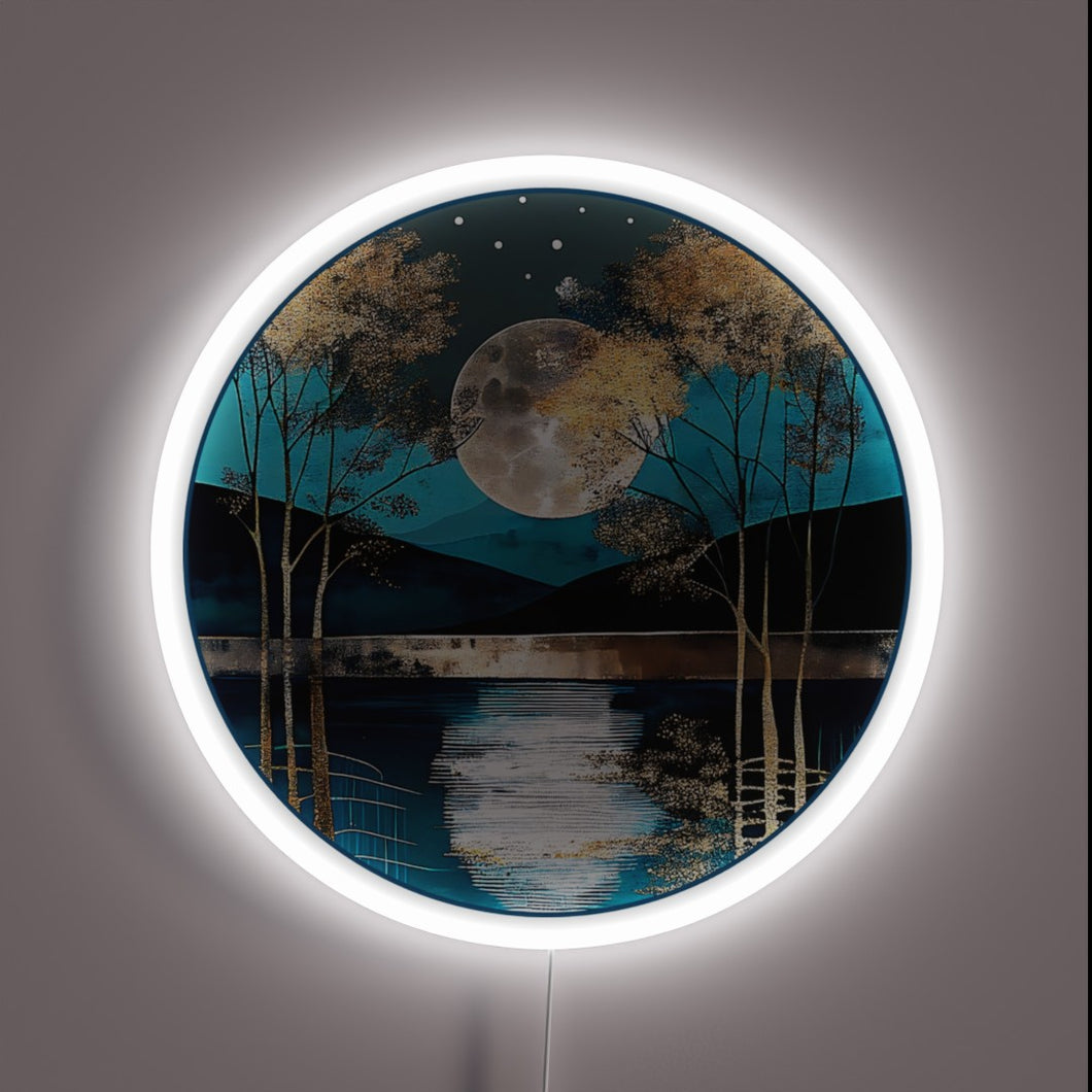 Softly glowing rustic teal moonlit lake ambiance LED neon sign.
