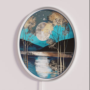 Stunning rustic teal moonlit lake ambiance with vibrant LED lighting