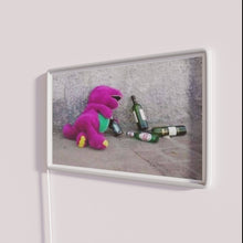 Load image into Gallery viewer, Add nostalgic humor with vibrant RGB Barney sad face sign