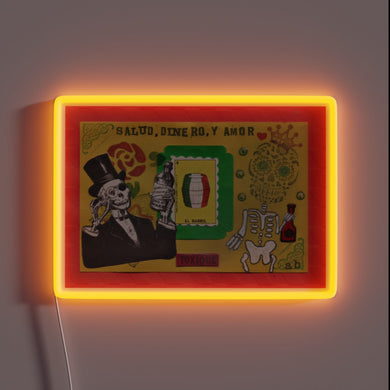Vibrant RGB Lighting Illuminates Salud Dinero y Amor Skull Design