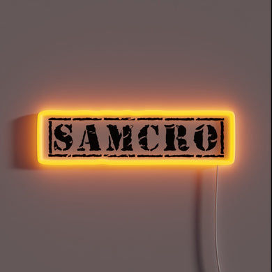 Glowing neon 'SAMCRO' logo in vibrant rainbow RGB colors