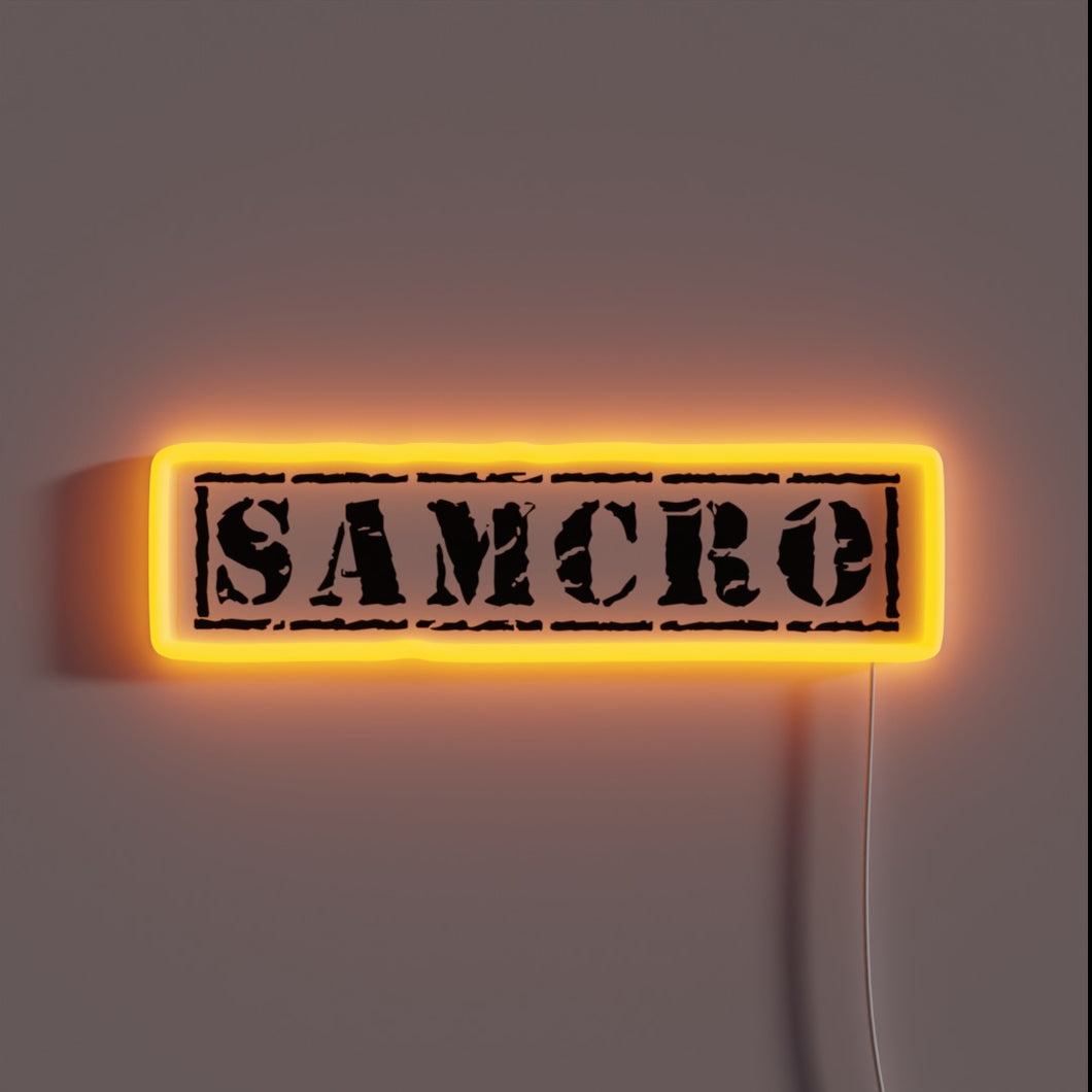 Glowing neon 'SAMCRO' logo in vibrant rainbow RGB colors