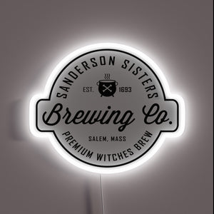 Sanderson Sisters Brewing Co. neon sign – spooky black and white witch-themed wall decor inspired by Hocus Pocus for Halloween bars or Salem-style kitchens