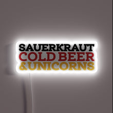 Load image into Gallery viewer, Neon beer garden decor featuring sauerkraut, cold beers, and unicorns.