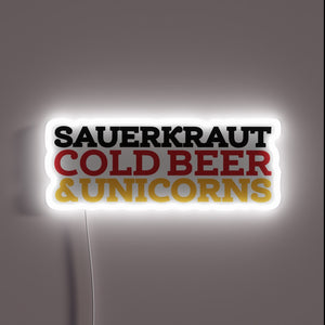 Neon beer garden decor featuring sauerkraut, cold beers, and unicorns.