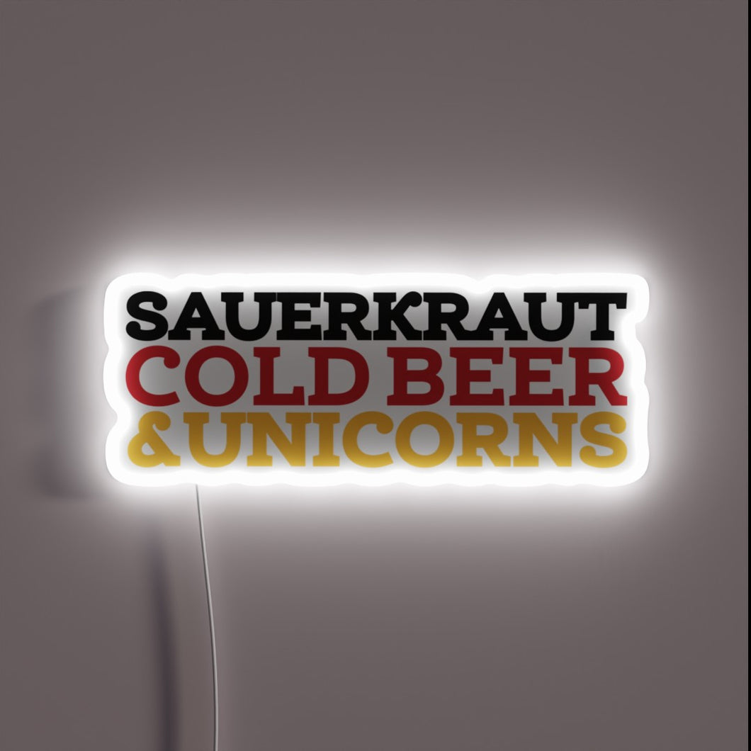 Neon beer garden decor featuring sauerkraut, cold beers, and unicorns.