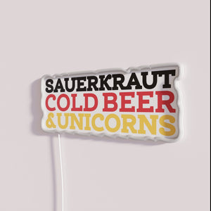 Vibrant Neon Sign Featuring Sauerkraut, Beer, and Whimsical Unicorn Icons