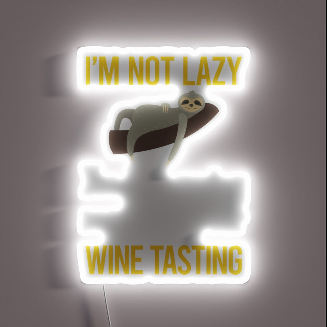 Vibrant RGB LED sign illuminates wine tasting with energy efficiency message.