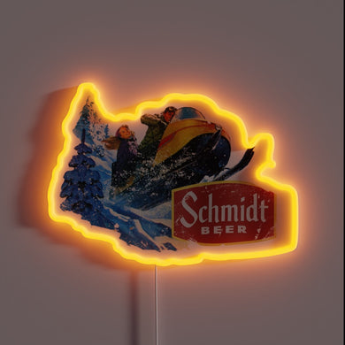 Vibrant RGB neon sign featuring Schmidt's iconic beer snowmobile logo