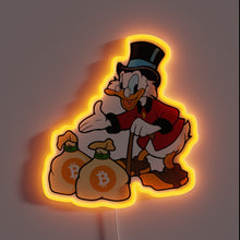 Load image into Gallery viewer, Scrooge McDuck neon sign with Bitcoin money bags in bold cartoon style.