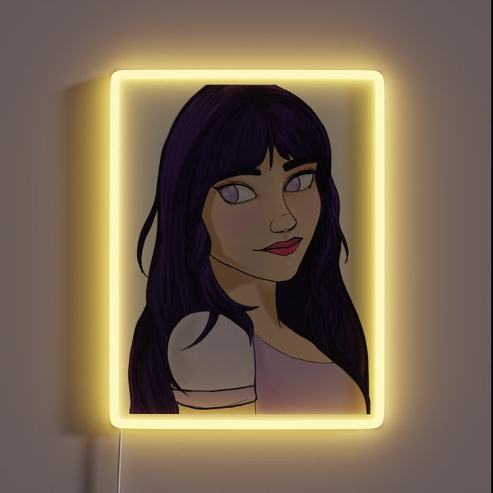 Vibrant neon purple ninja girl silhouette in quiet ambiance