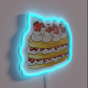 Vibrant Neon Strawberry Shortcake Sign with Semi-Realistic Colored Fruit Design