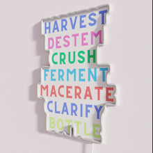 Load image into Gallery viewer, Vibrant seven step wine making process illuminated in colorful neon