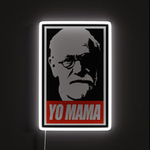 Load image into Gallery viewer, Freud Yo Mama RGB neon sign, front view lit, printed on acrylic