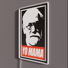 Load image into Gallery viewer, Freud Yo Mama RGB neon sign, side view with lights off showing acrylic backing and LED tube