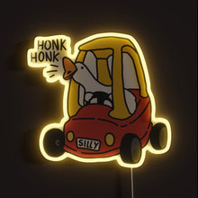 Load image into Gallery viewer, Silly Goose Car Red RGB neon sign, front view lit, printed on acrylic