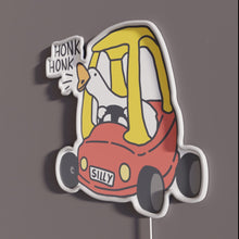 Load image into Gallery viewer, Silly Goose Car Red RGB neon sign, side view with lights off showing acrylic backing and LED tube