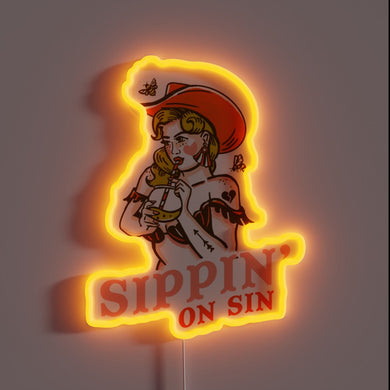Sultry cowgirl sips cocktail under neon lights in vibrant colors