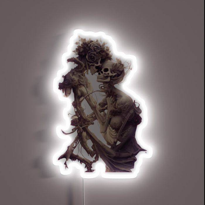 Whimsical Neon Sign Featuring a Lovable Ghostly Skeleton Couple Together.
