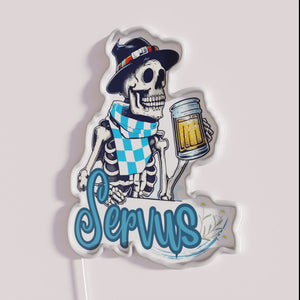 Neon Bavarian Beer Sign with Skeleton Design in RGB Color