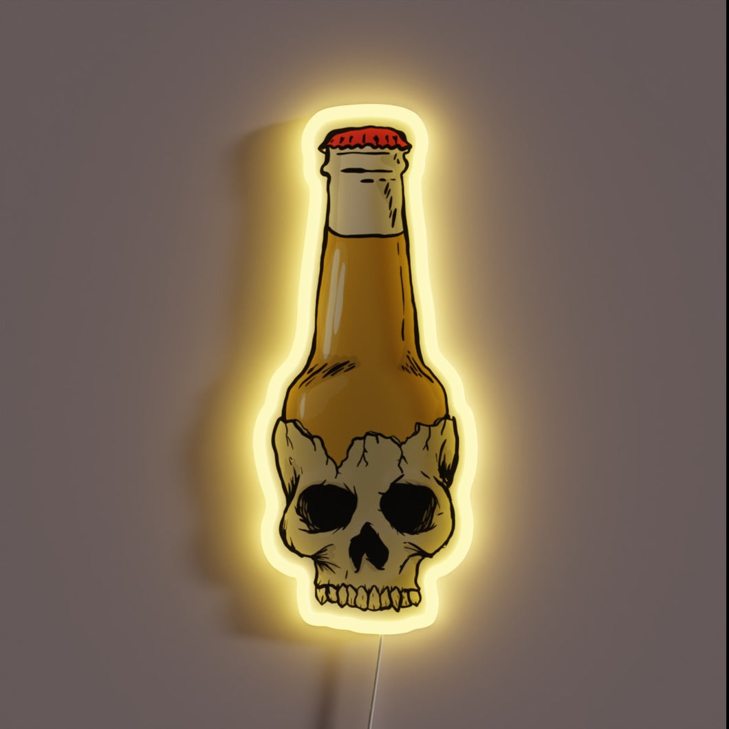 Glowing beer bottle skull decoration with vibrant RGB neon lighting