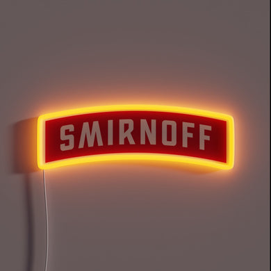 Neon sign shaped like a red Smirnoff vodka label with bold white text and glowing orange outline.
