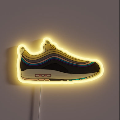 That neon-lit Air Max 1/97 is screaming retro drip with a modern twist. Perfect for the hypebeast wall setup. 💛👟💡