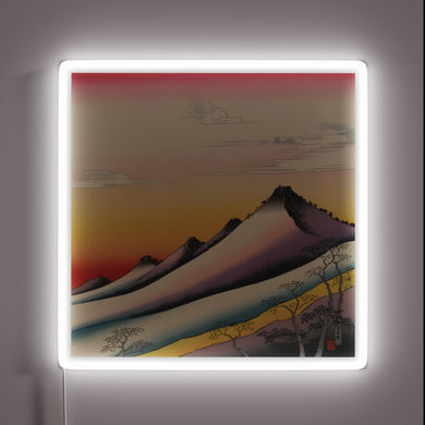 Softly glowing neon light evokes serene Japanese mountain evening ambiance