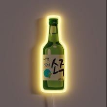Load image into Gallery viewer, Green soju bottle neon sign with Korean text and a yellow glow.
