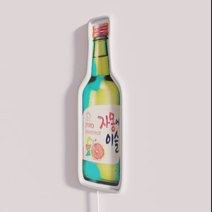 Neon Soju Sign, vibrant LED display, Korean drink inspired decor.