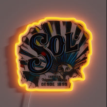 Load image into Gallery viewer, Glowing &quot;Sol Cerveza&quot; neon sign in vibrant RGB colors