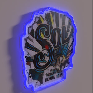Vibrant neon beer sign featuring colorful Sol Cerveza branding".