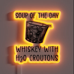 Whimsical Whiskey Noodle Soup Sign with Humorous Neon Accents