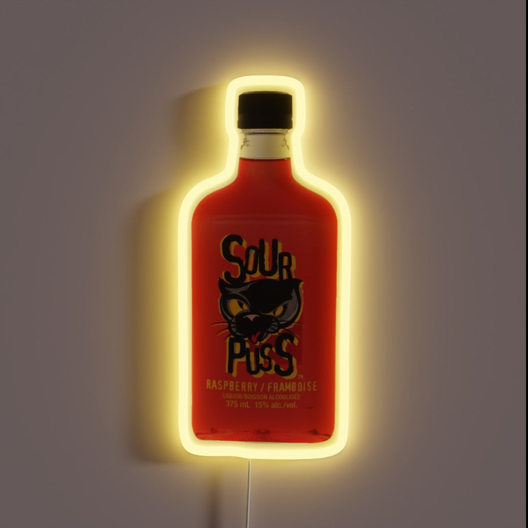 Sour Puss raspberry liqueur bottle neon sign.
