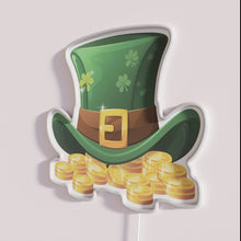 Load image into Gallery viewer, St. Patrick&#39;s Day-themed dwarf hat illuminated by gold RGB neon light.