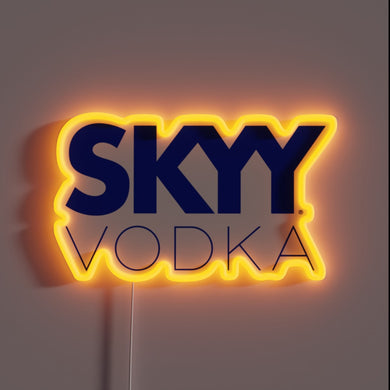 SKYY Vodka neon sign with orange glow.