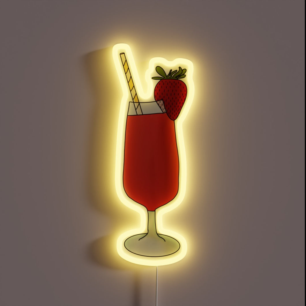 Strawberry daiquiri neon sign with yellow glow.