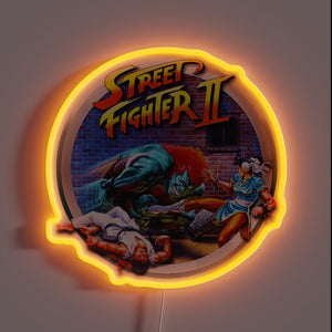 Street Fighter II neon sign with Blanka and Chun-Li in action.