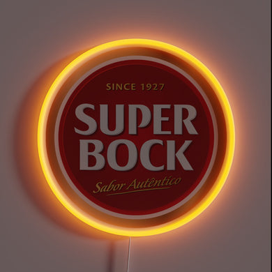 Authentic vintage-inspired Super Bock logo in vibrant RGB neon lights